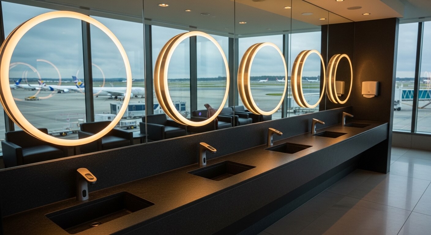 High quality sensor taps on a long stone washbasin in a premium airport lounge restroom with a large window view of the tarmac